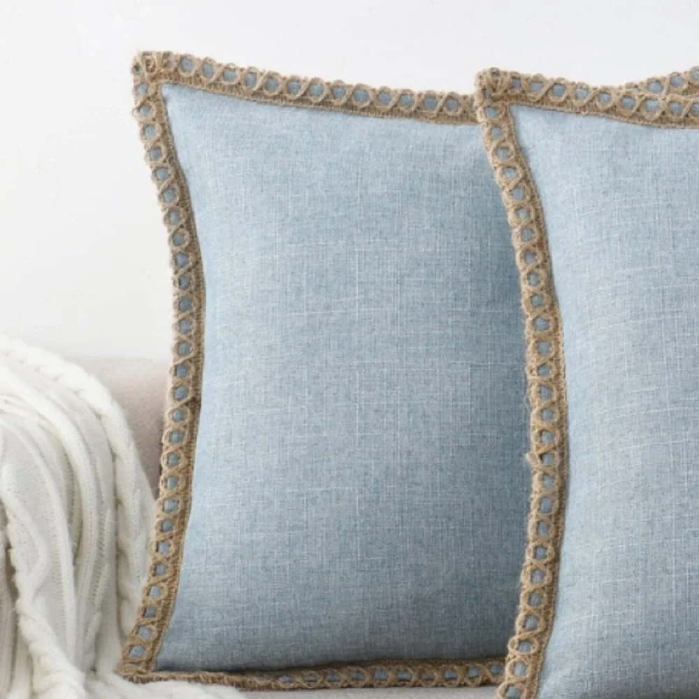 Blue LINEN Pillow Covers with Tan BURLAP Trim SQUARE 18x18” (2-Pack)